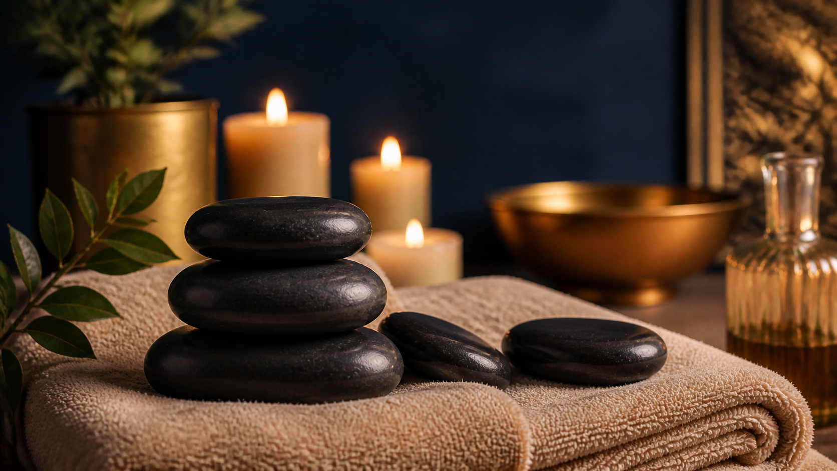 Hot stones on tan spa towels with warm candlelight and cream accents